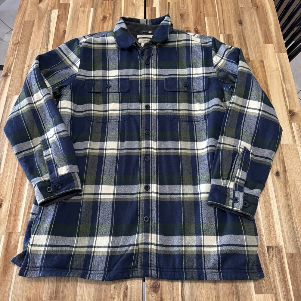 LL Bean Flannel Mens L Tall Blue Plaid Fleece Lined Shacket Traditional Fit